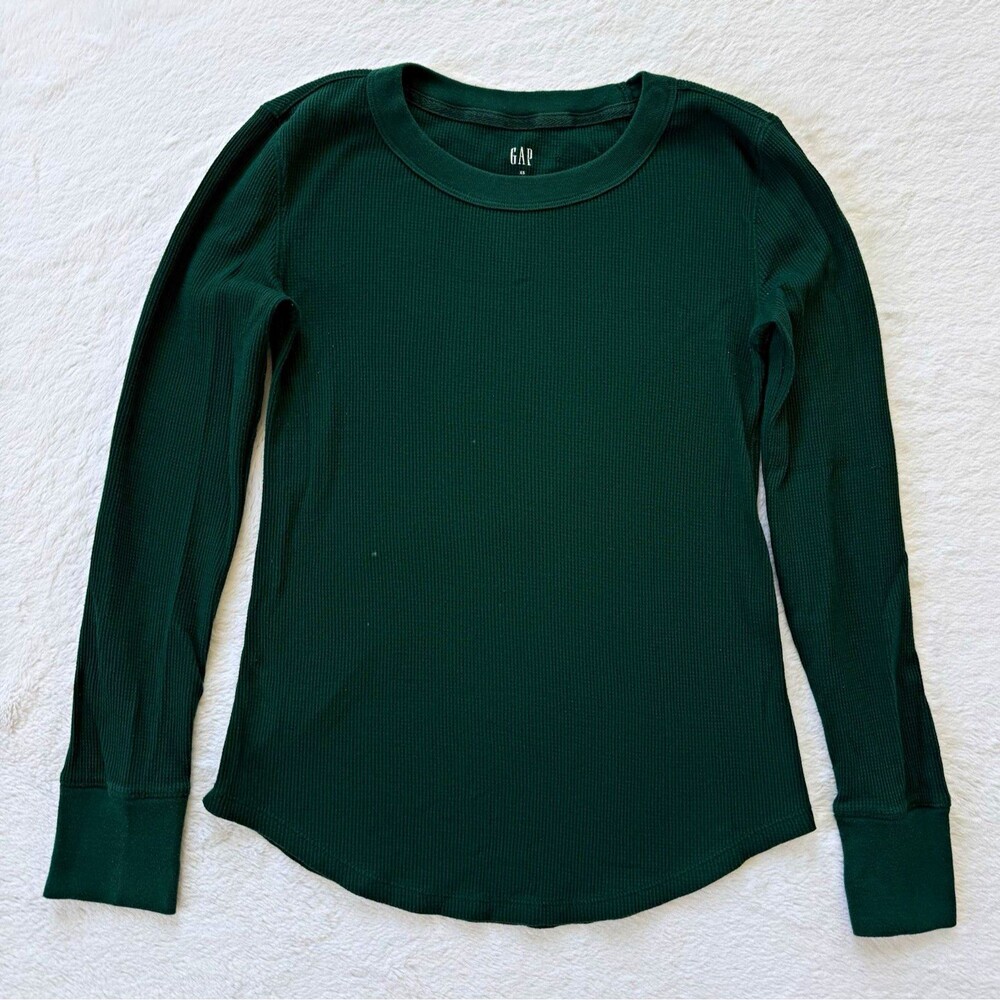 GAP Women’s Green Waffle Knit Long Sleeve Crew Neck Solid T-Shirt Size XS